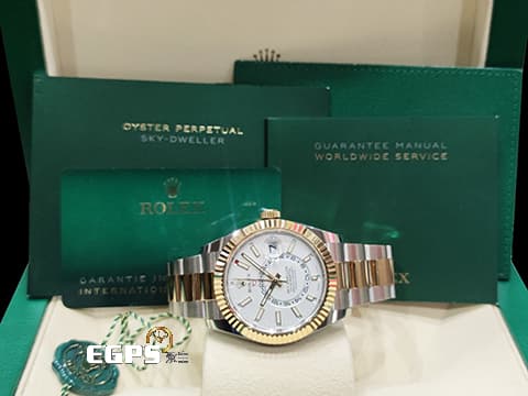 ROLEX 勞力士 Sky-Dweller 蠔式 天行者 326933 醇白色面盤 沙羅系統 年曆錶 兩地時區 18K黃金 半金款 經典三角坑紋錶圈 2021年新式保卡 蠔式（Oyster）三節錶帶 自動上鍊 42mm