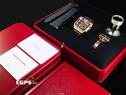 CARTIER 卡地亞 Santos de Cartier 山度士 WHSA0016 18K玫瑰金材質<font color="#144ec2"> </font><font color="#05f0f0">鏤空面盤 金色鍍層飾面劍形指針 鑲嵌1顆刻面藍寶石七邊形錶冠</font><font color="#FF0000">&nbsp;新式「QuickSwitch」錶帶快拆系統 附原廠鱷魚皮錶帶 2026年保卡 整支重約6.4兩 官方訂價：2,450,000元</font><font color="#FF0000" style="font-size: 10pt;">&nbsp;</font><span style="font-size: 10pt;">自動上鍊 47.5x39.7mm</span>