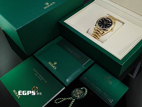 ROLEX 勞力士 DAY-DATE 40 DD 蠔式星期日誌型 228238 18K黃金材質 2025年最新款 鑲鑽縞瑪瑙面盤俗鷹眼面盤/2025年新式保卡 自動上鏈 40mm