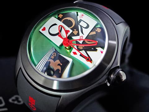 CORUM 崑崙 Bubble 泡泡錶 L082 / 03245  大泡泡神奇博彩腕錶 Poker Games 黑色PVD不鏽鋼金屬材質 特殊半球體拱形雙面玻璃鏡面 撲克牌桌彩繪面盤  全球限量88只 自動上鍊 42mm