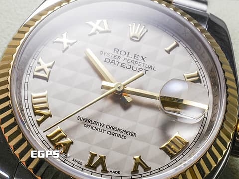 ROLEX 勞力士 DateJust DJ36 116233 18K黃金&amp;不鏽鋼材質 半金款 絕版稀有款&nbsp;象牙白金字塔格紋面盤&nbsp;2025年回原廠保養 延長保固到2027年&nbsp;台灣公司貨&nbsp;自動上鏈 36mm