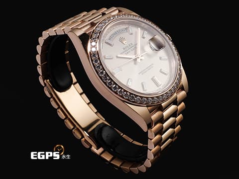 ROLEX 勞力士 DayDate DD 40 永恆玫瑰金 228345RBR 18K永恆玫瑰金材質 日亮金色面盤 原廠鑲嵌鑽石錶圈 方形鑽石時標 2018年保卡 已貼膜 自動上鏈 40mm