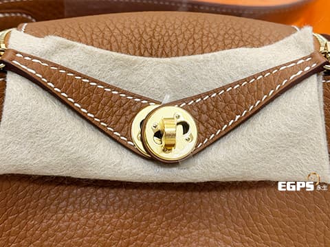 HERMES 愛馬仕 Mini Lindy II 19 TC牛皮 轉釦手提 金棕色 (色號37)&nbsp;金扣&nbsp;W刻&nbsp;斜背兩用包 Taurillon Clemence(T/C)皮革