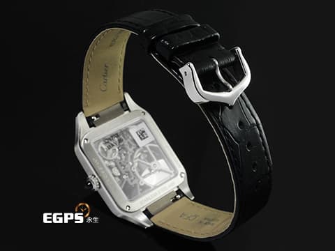 CARTIER 卡地亞 Santos-Dumont 山度士 杜蒙特 WHSA0044 黑色真漆不鏽鋼材質  飛機造型微型擺陀鏤空面盤  藍色凸圓形合成尖晶石錶冠 2026年保卡&nbsp;自動上鍊 31mm