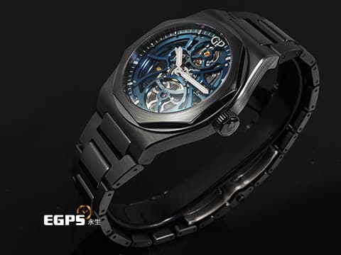Girard-Perregaux 芝柏 GP錶 Laureato Skeleton 桂冠系列 81015-32-432-32A&nbsp;黑色陶瓷材質 藍色鏤空面盤&nbsp;2021年保卡&nbsp;自動上鍊 42mm