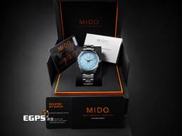 MIDO 美度 Multifort M Freeze 先鋒系列冰川藍 M038.430.11.041.00 不鏽鋼材質 <font color="#05f0f0">漸變冰川藍面板 垂 直絲光緞面打磨紋理</font>&nbsp;<font color="#FF0000">2026年&nbsp;</font>自動上鍊 42mm