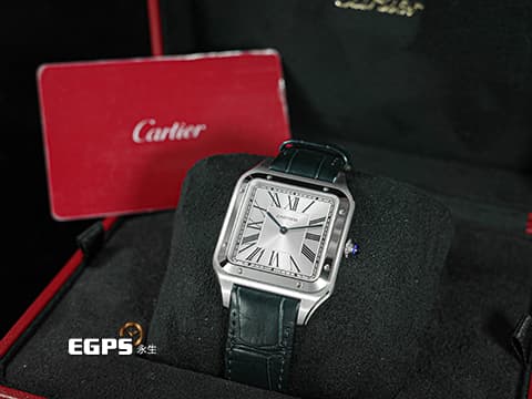 CARTIER 卡地亞 Santos-Dumont 山度士 杜蒙特 WSSA0032 經典 超大型款&nbsp;鑲嵌藍色寶石錶冠 藍鋼指針&nbsp;不鏽鋼材質&nbsp;2022年保單  手上鍊 46.6x33.9mm