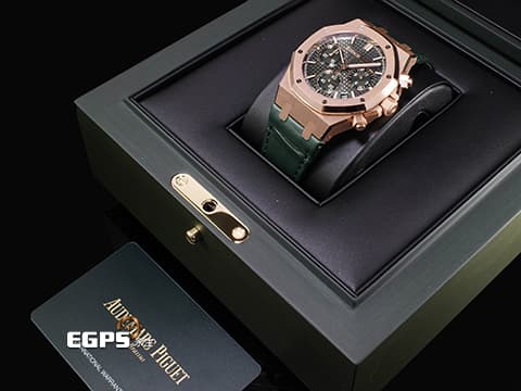 Audemars Piguet 愛彼 AP錶 Royal Oak Chronograph 皇家橡樹 18K玫瑰金材質&nbsp;26240OR.OO.D404CR.02 軍綠色「Grande Tapisserie」格紋面盤&nbsp;飛返 計時碼表 2025年保單 自動上鍊 41mm