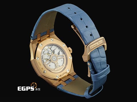 Audemars Piguet 愛彼 AP錶 Royal Oak 皇家橡樹 15551OR.ZS.D344CR.01 原廠鑲滿漸層藍色藍寶石錶圈 水藍色Grande Tapisserie格紋錶盤 原廠鑲嵌鑽石錶殼&nbsp;2025年保卡&nbsp;自動上鍊 37mm