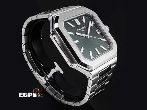 Patek Philippe 百達翡麗 PP Cubitus 5821/1A-001 不鏽鋼材質&nbsp;綠色橫條浮雕日輝紋面盤&nbsp;大三針&nbsp;方形圓角錶殼 橄欖綠 2026年保單  自動上鍊 45mm