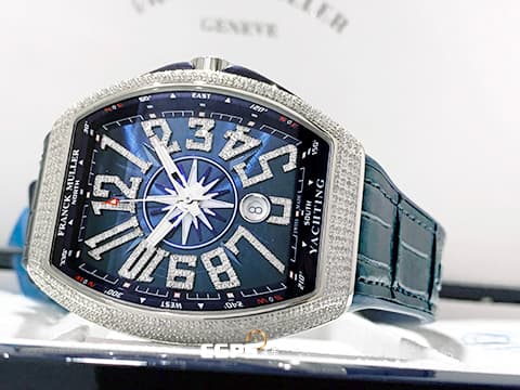 Franck Muller 法蘭穆勒 FM Vanguard Yachting 遊艇系列  V45 SC DT   精鑲鑽框耀眼奪目 ，藍色面盤 鑲鑽立體阿拉伯數字時標，歡迎來店試戴！！  自動上鏈 44x54 mm