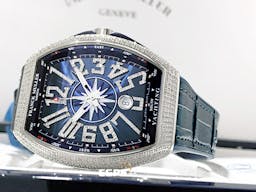 Franck Muller 法蘭穆勒 FM Vanguard Yachting 遊艇系列  V45 SC DT  <font color=#FF0000> 精鑲鑽框耀眼奪目 ，藍色面盤 鑲鑽立體阿拉伯數字時標，歡迎來店試戴！！</font>  自動上鏈 44x54 mm