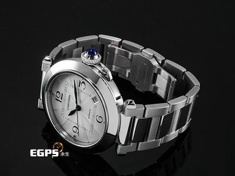 CARTIER 卡地亞 PASHA DE CARTIER 帕夏 WSPA0009 大型款 不鏽鋼材質&nbsp;「SmartLink」快拆式錶帶 極具辨識度的鑲嵌藍色尖晶石錶冠鎖設計&nbsp;2023年保卡&nbsp;自動上鏈 41mm