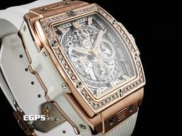 HUBLOT 宇舶 Spirit of Big Bang 大爆炸 靈魂系列 King Gold Blue <font color="#f3baa1">王金材質</font> 642.OE.2010.RW 計時碼錶 酒桶型 <font color="#05f0f0">鏤空面盤 原廠鑲嵌鑽石錶圈</font><font color="#FF0000"> 2023年電子式保單</font> 自動上鍊 42mm