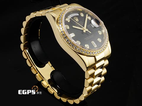ROLEX 勞力士 Oyster Perpetual Day-Date 118348 蠔式 18K黃金材質 原廠鑲嵌鑽石錶圈、時標 黑色面盤 已回勞力士原廠做保養 延長保固到2028年5月 自動上鏈 36mm