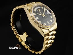 ROLEX 勞力士 Oyster Perpetual Day-Date 118348 蠔式 18K黃金材質 <font color="#05f0f0">原廠鑲嵌鑽石錶圈、時標 黑色面盤</font> <font color="#ff0000">已回勞力士原廠做保養 延長保固到2028年5月</font> 自動上鏈 36mm
