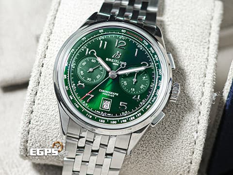 BREITLING 百年靈 Premier B01 Chronograph 42 璞雅系列 AB0145&nbsp;綠色面盤&nbsp;計時碼表 不鏽鋼 B01自製機芯&nbsp;2024年保單&nbsp;自動上鍊 42mm