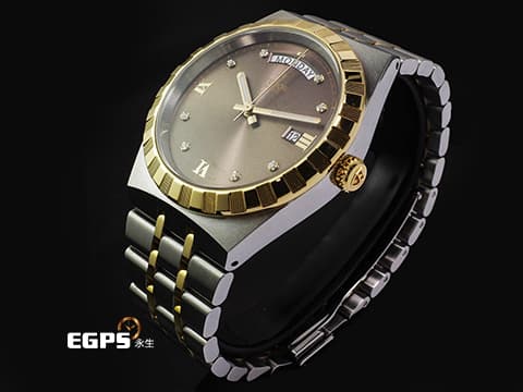 TUDOR 帝舵 Royal Day-Date 皇家系列 28603-0008 18K黃金材質 半金款&nbsp;&nbsp;巧克力棕色面盤 原廠鑲嵌鑽石時標 星期、日期顯示窗&nbsp;2026年保卡&nbsp;自動上鍊 41mm