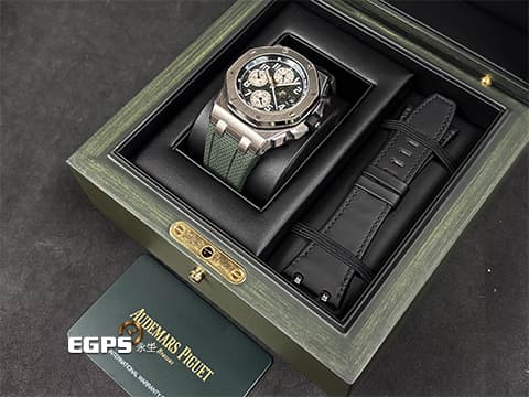 Audemars Piguet AP錶 愛彼 Royal Oak Offshore 皇家橡樹離岸型 飛返計時碼錶 26238TI.OO.A056CA.01 鈦金屬材質  綠色面盤 軍綠色款&nbsp;2023年保單 新式快拆錶帶 自動上鏈 42mm