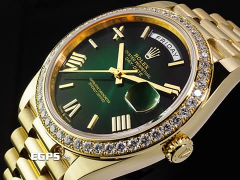ROLEX 勞力士 DayDate 40 228348RBR 18K黃金材質 228348 原廠鑲嵌鑽石錶圈 煙燻綠色面盤&nbsp;2026年保卡  自動上鍊 40mm