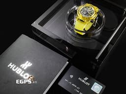 Hublot 宇舶 BIG BANG Unico 大爆炸 三日鍊 飛返計時碼錶 441.JY.4909.RT <font color="#fafa01">黃色拋光藍寶石水晶材質錶殼 原廠特殊水晶材質錶盒 鏤空面盤</font> <font color="#ff0000">2021年保卡 限量100支 新錶訂價：3,270,000元</font>&nbsp;自動上鍊 42mm