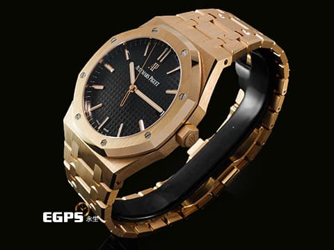 Audemars Piguet 愛彼 AP Royal Oak 皇家橡樹 15500OR.OO.1220OR.01 18K玫瑰金材質 鏈帶款 黑色鐫刻Grande Tapisserie大型格紋面盤&nbsp;2020年保卡  自動上鍊 41mm