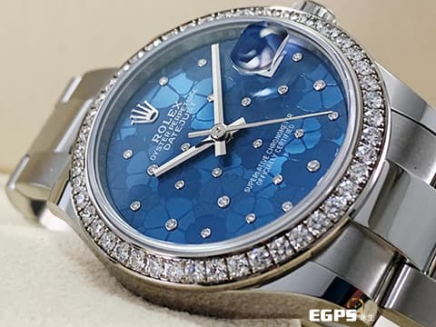 ROLEX 勞力士 Datejust 31 經典 蠔式日誌型 278384 天藍色花朵圖案面盤 DJ31&nbsp;原廠鑲鑽錶圈 2025年保卡 蠔式（Oyster）三節錶帶 自動上鍊 31mm