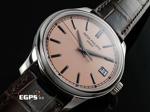 PATEK PHILIPPE 百達翡麗 PP Calatrava 系列 經典 5227G-015 18K白金材質 炭灰白金三維多面「子彈」時標 獨特軍官式底蓋&nbsp;鮭魚色面盤 2026年保單  自動上鍊 39mm