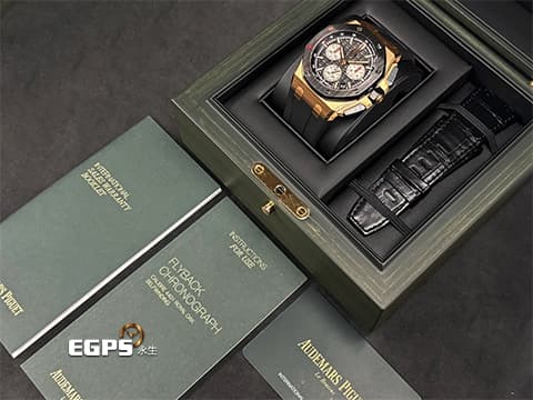 Audemars Piguet AP錶 愛彼 Royal Oak Offshore 皇家橡樹離岸型 飛返計時碼錶  26420RO.OO.A002CA.01  18K玫瑰金材質&nbsp;大金貓 黑色陶瓷錶圈  黑色超大格紋面盤  2022年保卡 新式快拆錶帶 2026年已回原廠完整保養&nbsp;自動上鏈&nbsp;43mm