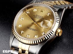 ROLEX 勞力士 DATEJUST 16233 蠔式日誌型 18K黃金 半金款 <font color="#fa00fa">鑲嵌鑽石時標</font><font color="#FF00FF"> </font><font color="#fafa01">香檳金色面盤</font><font color="#FF00FF">&nbsp;</font>經典<font color="#FF00FF">&nbsp;</font>自動上鍊 36mm
