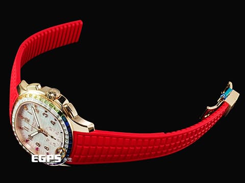 Patek Philippe 百達翡麗 PP錶  Aquanaut  7968/300R-001 海底探險家 海探 手雷 18K玫瑰金材質 白色珍珠貝母面盤&nbsp;共計52顆長階梯形切割多彩藍寶石（2.62克拉）及50顆長階梯形切割鑽石（2.41克拉）&nbsp;2026年保單 保有部分原廠膠膜&nbsp;自動上鏈   42.2mm