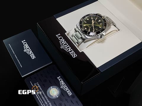 LONGINES 浪琴 HydroConquest GMT 深海征服者系列 L3.890.4.06.6 綠色太陽紋面盤&nbsp;浪鬼 兩地時間淺水腕錶&nbsp;不鏽鋼材質&nbsp;2026年保卡&nbsp;自動上鍊 43mm