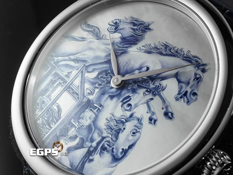 HERMES 愛馬仕 ARCEAU系列 Grand carrosse royal 自由野性的豪華皇家馬車 18K白金材質 微繪工藝腕錶 彩繪珍珠母貝面盤 限量12只 新錶參考訂價：2,402,000 元 自動上鍊 41mm