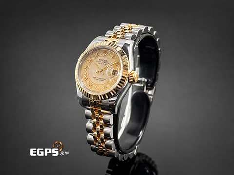 ROLEX 勞力士 Lady DateJust 179173 蠔式日誌型&nbsp;DJ26 經典三角坑紋錶圈 半金款 18K黃金材質 羅馬數字立體時標&nbsp;天然珍珠母貝面盤 五株紀念型鏈帶&nbsp;自動上鍊 26mm