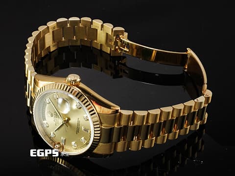 ROLEX 勞力士 Oyster Perpetual DAY-DATE 118238 蠔式 星期日曆型 18K黃金材質 經典紅蟳&nbsp;&nbsp;香檳金色面盤 原廠鑲嵌鑽石時標 配件齊全 保有部分原廠膠膜 未整理一手錶&nbsp;自動上鍊 36mm