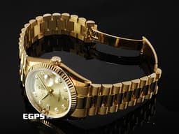 ROLEX 勞力士 Oyster Perpetual DAY-DATE 118238 蠔式 星期日曆型 18K黃金材質 <font color="#ff0000">經典紅蟳</font>&nbsp;&nbsp;<font color="#fafa01">香檳金色面盤 原廠鑲嵌鑽石時標</font><font color="#ff0000"> 配件齊全 保有部分原廠膠膜 未整理一手錶</font>&nbsp;自動上鍊 36mm