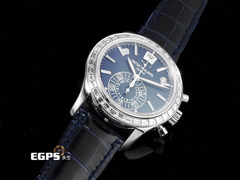 PATEK PHILIPPE 百達翡麗 PP錶 5961P-001  
複雜功能飛返計時年曆錶 PT950鉑金材質 原廠鑲嵌長方形透明鑽石時標、錶圈、錶扣&nbsp;藍色面盤 2021年保單 錶友蒐藏未使用品&nbsp;自動上鍊 40.5mm