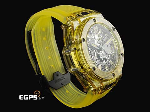 Hublot 宇舶 BIG BANG Unico 大爆炸 三日鍊 飛返計時碼錶 441.JY.4909.RT 黃色拋光藍寶石水晶材質錶殼 原廠特殊水晶材質錶盒 鏤空面盤 2021年保卡 限量100支 新錶訂價：3,270,000元&nbsp;自動上鍊 42mm