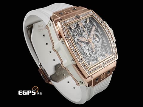 HUBLOT 宇舶 Spirit of Big Bang 大爆炸 靈魂系列 King Gold Blue 王金材質 642.OE.2010.RW 計時碼錶 酒桶型 鏤空面盤 原廠鑲嵌鑽石錶圈 2023年電子式保單 自動上鍊 42mm