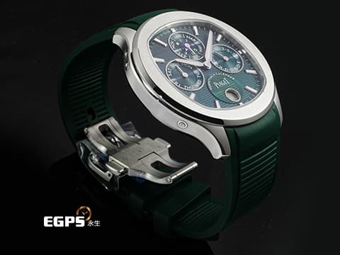 PIAGET 伯爵 Polo Skeleton系列 枕型 G0A48005 不鏽鋼材質 8.65毫米超薄萬年曆 圓模雕刻紋理深祖母綠色錶盤&nbsp;2024年保卡 新式快拆帶系統 附原廠綠色皮革錶帶 新錶訂價：1,970,000元&nbsp;自動上鍊 42mm