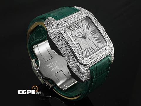 CARTIER 卡地亞 Santos 100 山度士 中型 精鑲滿天星鑽石面盤、鑲鑽錶圈&nbsp;綠色客製化皮革錶帶 自動上鍊 36mm