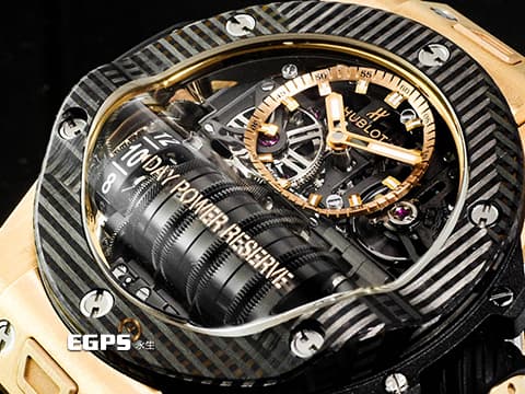 HUBLOT 宇舶 BIG BANG系列 MP-11 911.0Q.0118.RX 皇金3D碳纖維材質 鏤空面盤 14天動力儲存 動力儲存顯示卷軸 2026年電子保卡 全球限量100只 新錶訂價：2,988,000元&nbsp;自動上鍊 45mm