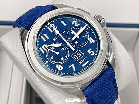 ZENITH 真力時 PILOT BIG DATE FLYBACK 03.4000.3652/51.I003 不鏽鋼材質 飛返計時功能 瞬跳大日期窗 藍色裝飾橫向凹紋 三色分鐘計時 2024年保卡專門店限定版&nbsp; 自動上鍊 42.5mm