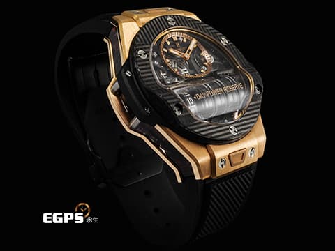 HUBLOT 宇舶 BIG BANG系列 MP-11 911.0Q.0118.RX 皇金3D碳纖維材質 鏤空面盤 14天動力儲存 動力儲存顯示卷軸 2026年電子保卡 全球限量100只 新錶訂價：2,988,000元&nbsp;自動上鍊 45mm