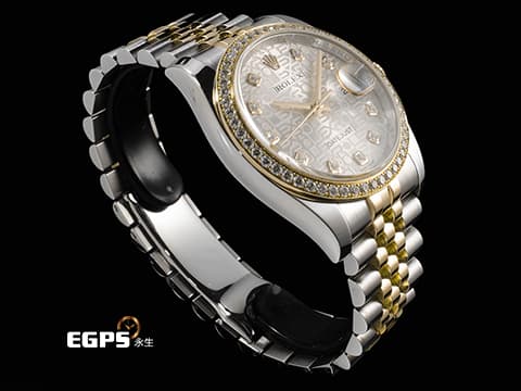 ROLEX 勞力士 DATEJUST 116243 蠔式日誌型 18K黃金材質 半金款 原廠鑲嵌鑽石錶圈、時標 紀念面盤&nbsp;2016年保卡 紀念型錶帶 自動上鏈 36mm