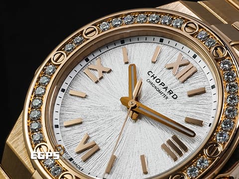 CHOPARD 蕭邦 Alpine Eagle 33 雪山傲翼 阿爾卑斯雄鷹 295384-5001 18K玫瑰金材質 原廠鑲嵌鑽石錶圈&nbsp;銀白色螺旋放射紋面盤 大三針&nbsp;2023年保單 新錶定價：1,600,000元&nbsp;自動上鍊 33mm