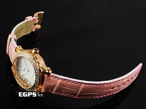 Chopard 蕭邦錶 Happy Sport 快樂鑽系列 HAPPY DIAMONDS 274893-5010 18K玫瑰金材質 5顆跑鑽&nbsp;經典 原廠鑲嵌鑽石錶圈 珍珠貝母面盤 2026年保單 新錶訂價：930,000元&nbsp;自動上鍊 30mm