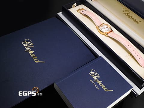 Chopard 蕭邦錶 Happy Sport 快樂鑽系列 HAPPY DIAMONDS 274893-5010 18K玫瑰金材質 5顆跑鑽&nbsp;經典 原廠鑲嵌鑽石錶圈 珍珠貝母面盤 2026年保單 新錶訂價：930,000元&nbsp;自動上鍊 30mm