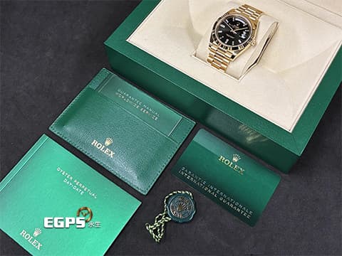 ROLEX 勞力士 Day-Date 228238 黃K金材質 蠔式 DD40 2026年新式保卡 黑冰糖 原鑲梯鑽時標黑色面盤 自動上鍊 40mm