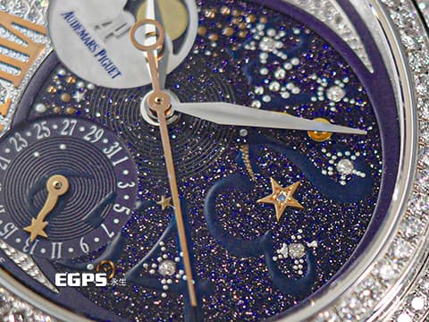 Audemars Piguet 愛彼 AP錶 Millenary Ladies Starlit Sky&nbsp;千禧星空「黑夜」特別版 藍色砂金石搭配珍珠貝母面盤&nbsp;77316BC.ZZ.D007SU.01&nbsp;原廠鑲嵌頂級天然鑽石面盤、錶圈、錶耳、錶背、錶扣&nbsp;77316 BC 月相盈虧 動能顯示&nbsp;新錶參考訂價：2,711,000元&nbsp;自動上鏈 35.4 x 39.5mm